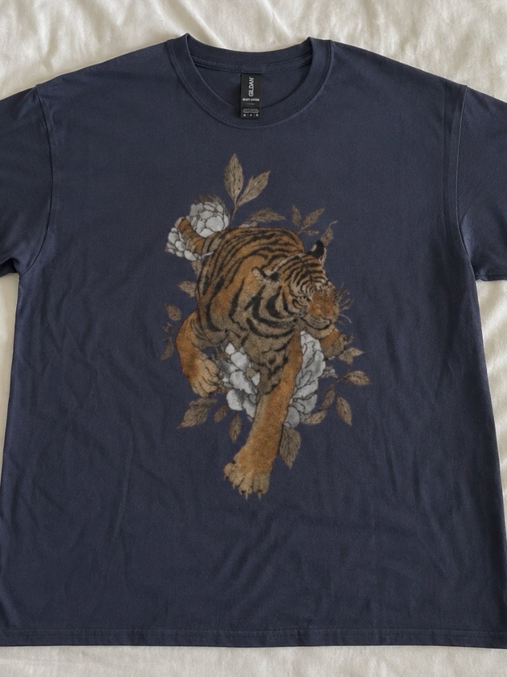 Gildan Navy Short Sleeve Tee with Brown Tiger Graphic